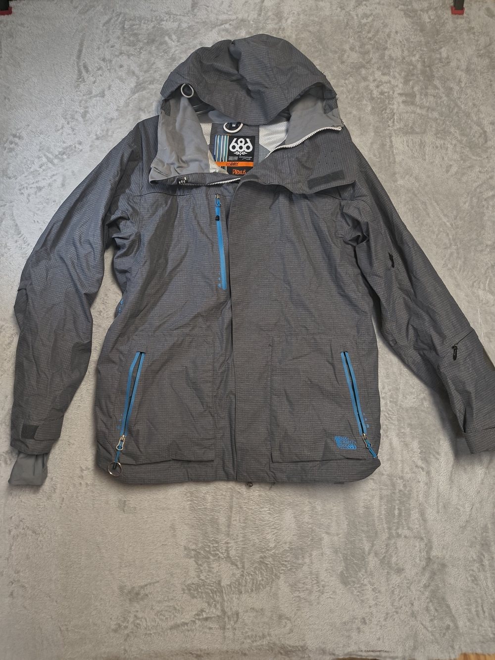 686 Men's Gray Waterproof Hooded Jacket with Blue Accents